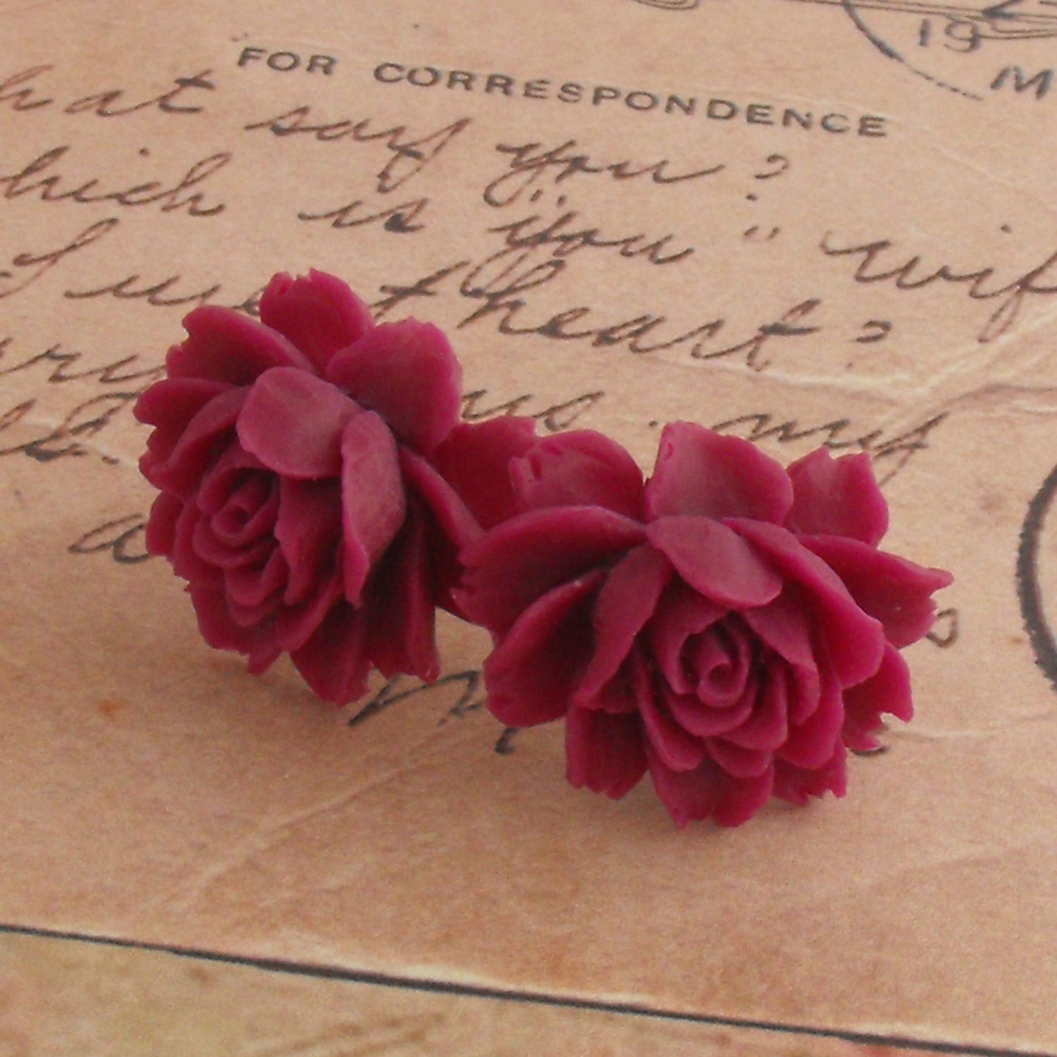 Pink Rose Earrings Studs Flower Cabbage Vintage Style Jewellery