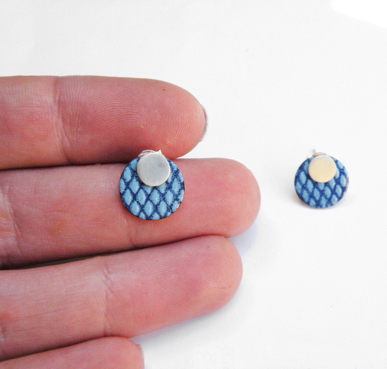 2 in 1- Blue Reptile Skin -Stud Earrings - sterling silver and copper