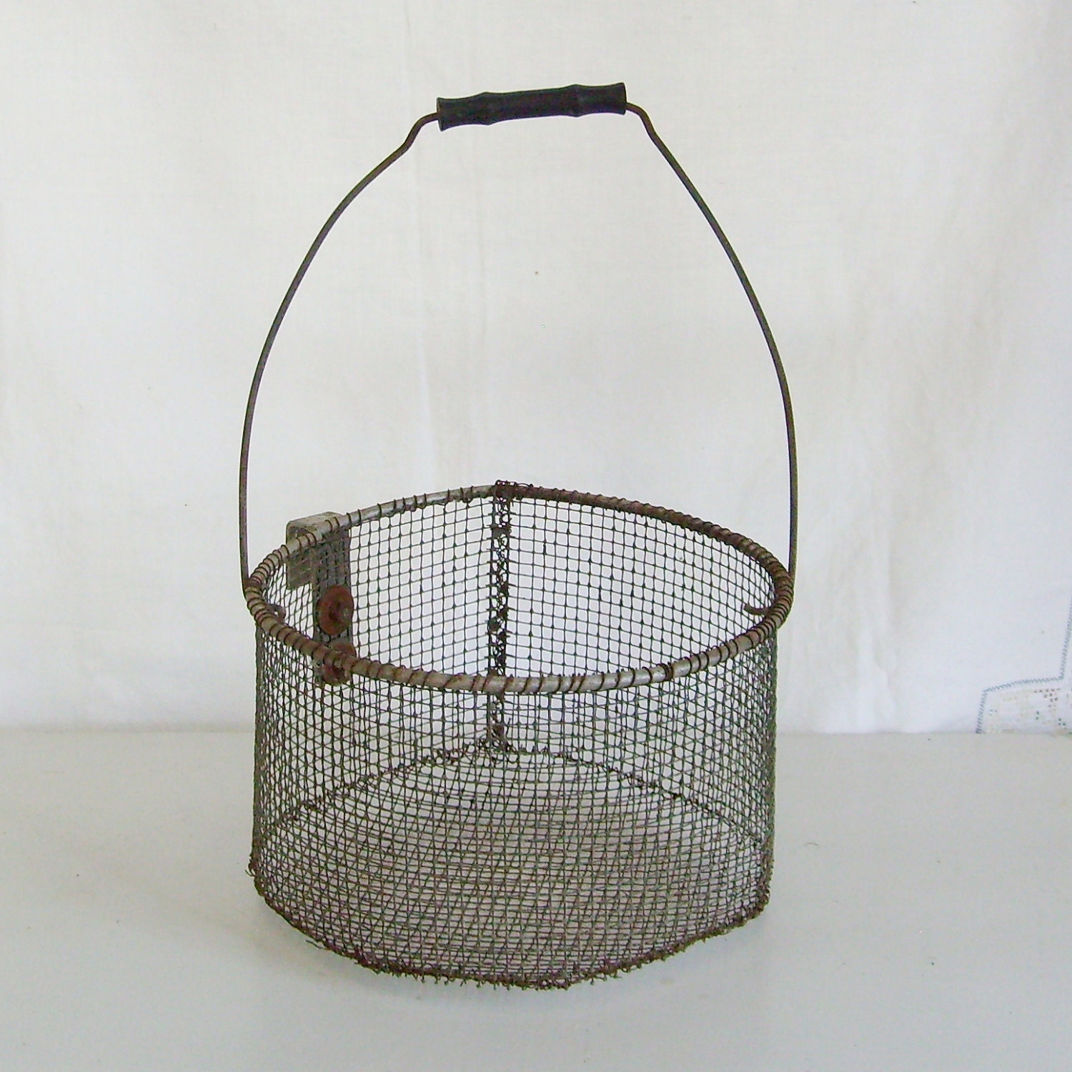 Antique wire farm basket egg carrier with hook img