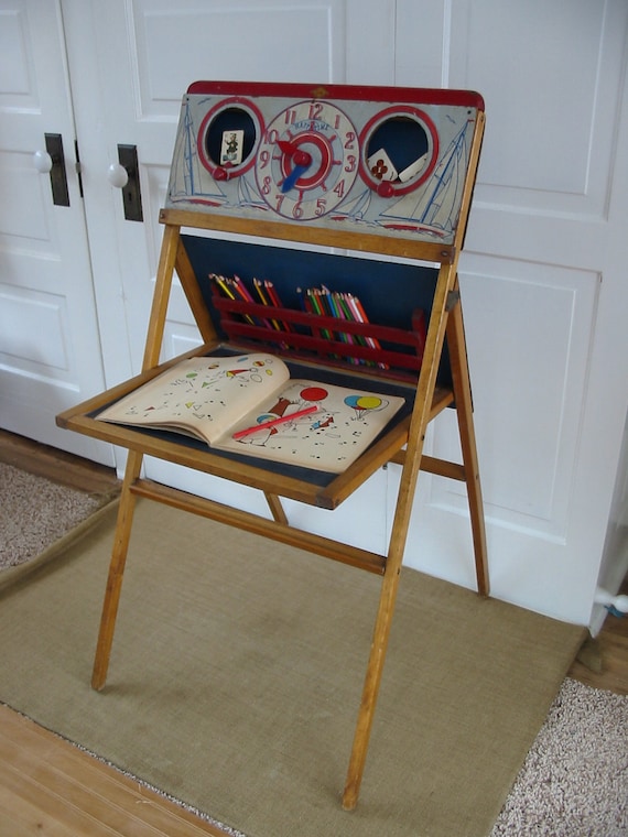 Vintage Chalkboard Easel Clock Children Wood Toy Stand Display Craft