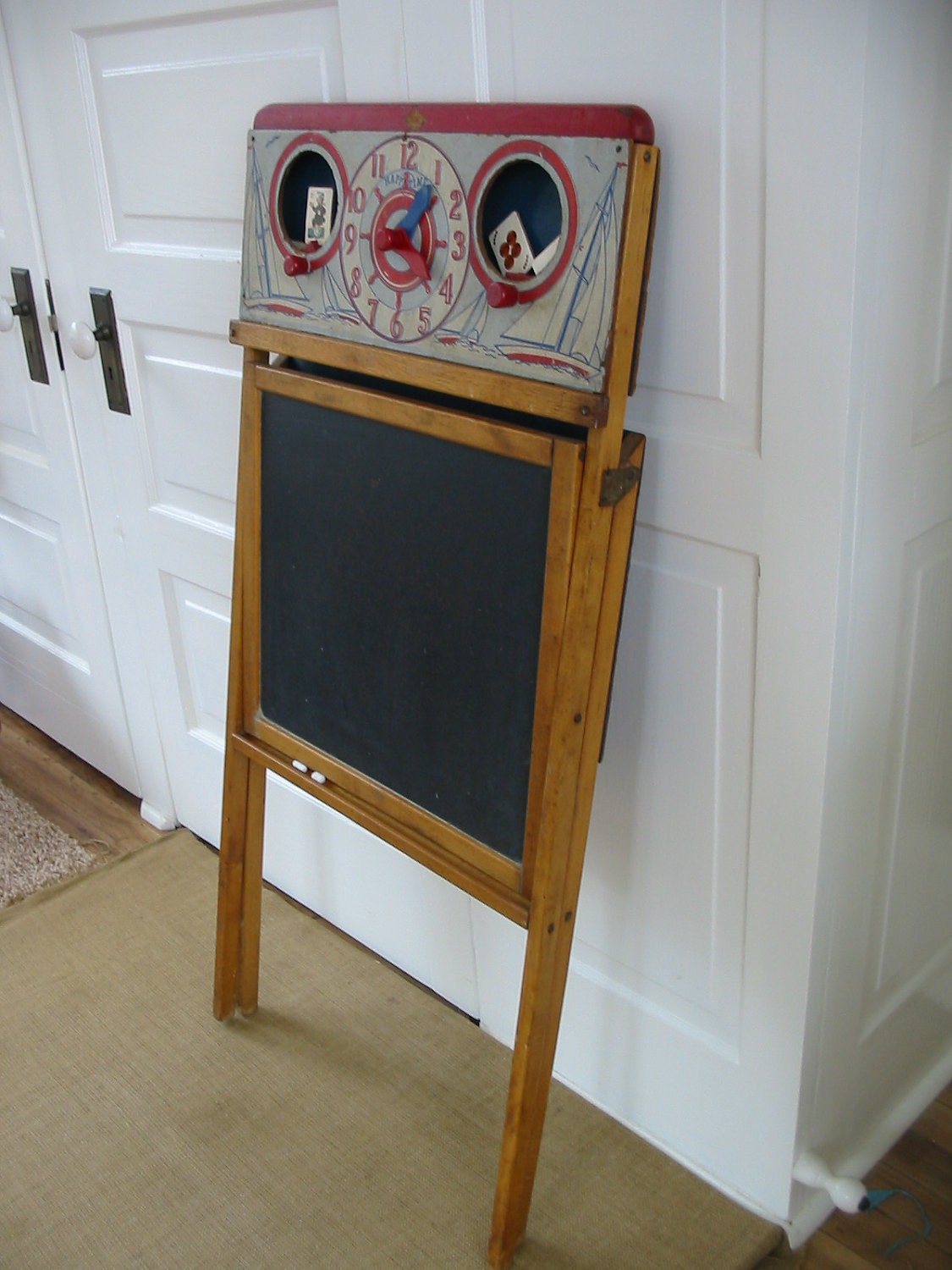 Vintage Chalkboard Easel Clock Children Wood Toy Stand Display Craft