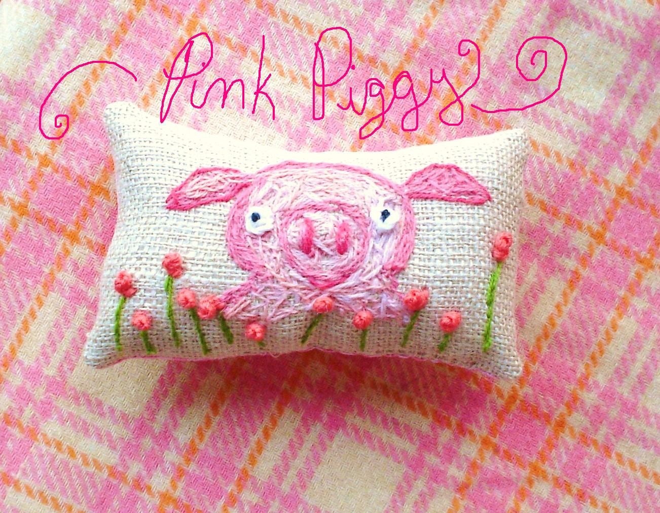 Little Pink Pig Hand Embroidered Pillow Custom Made