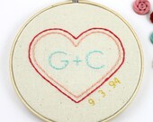 Custom Embroidered Heart Monogram Initial Hoop Wedding Gift Wedding Date Personalized Needlecraft 6 inch
