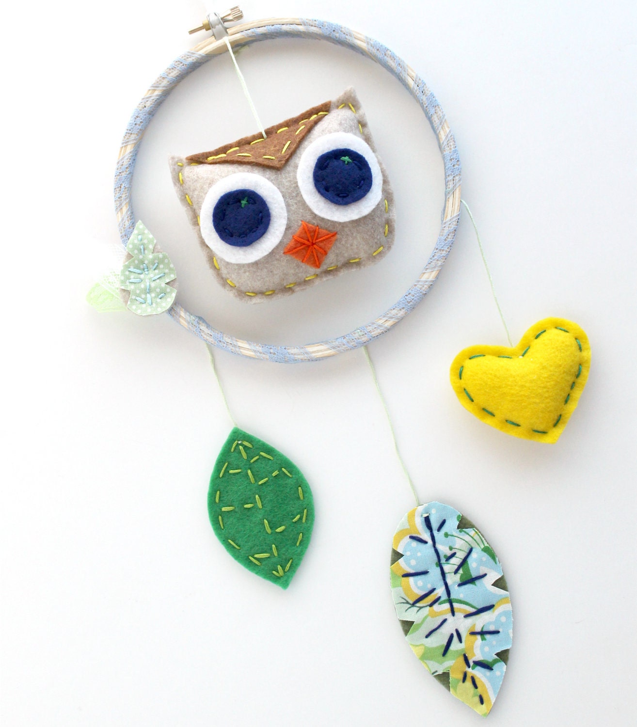 Dreamcatcher Owl Wall Hanging Plush Felt Feathers Hand Embroidery Nursery Yellow Blue MADE TO ORDER
