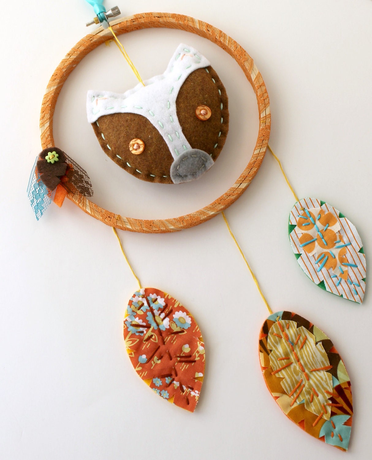 Fox Dreamcatcher Wall Hanging Plush Eco Felt Feathers Hand Embroidery MADE TO ORDER