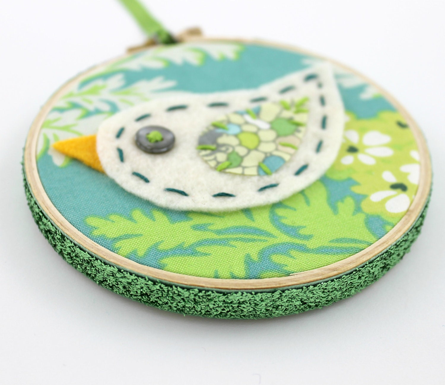 Sale Felt Bird Embroidery Hoop Wall Art Modern 4 inch Hanging Cute Green Blue READY TO SHIP