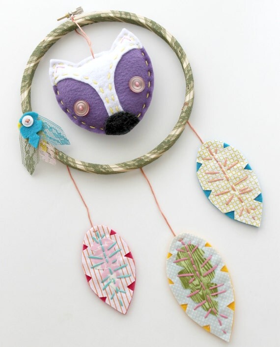 Fox Dreamcatcher Wall Hanging Plush Eco Felt Feathers Hand Embroidery MADE TO ORDER
