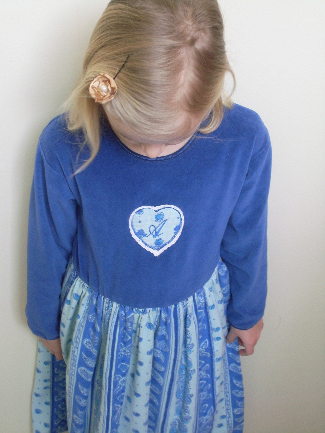 Blue girl's knit and flannel dress with  heart, size 7 - 8 gently used - READY TO SHIP