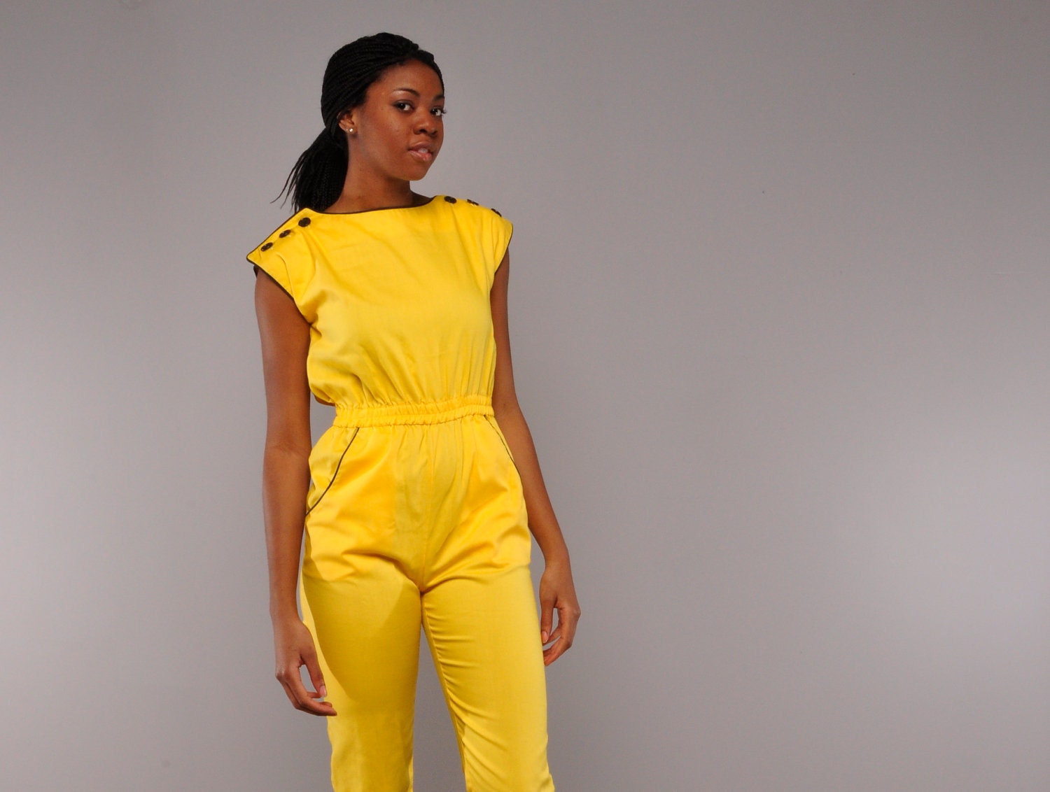Vintage Yellow Jumpsuit // Black Piping & Buttons // 80's Capri Pants // S M