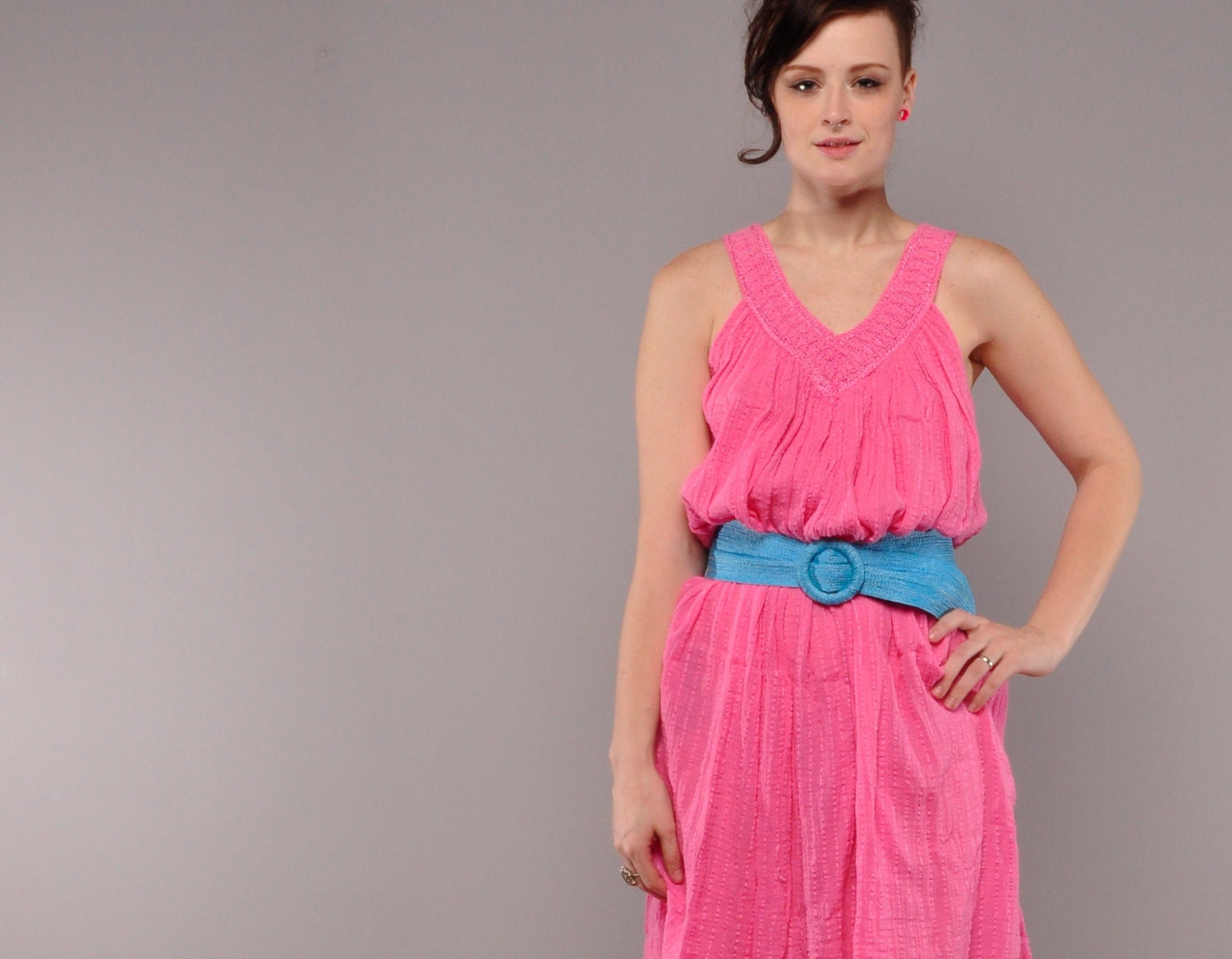 Vintage Pink Gauze Sundress // V-Neck Hippie Tent Dress