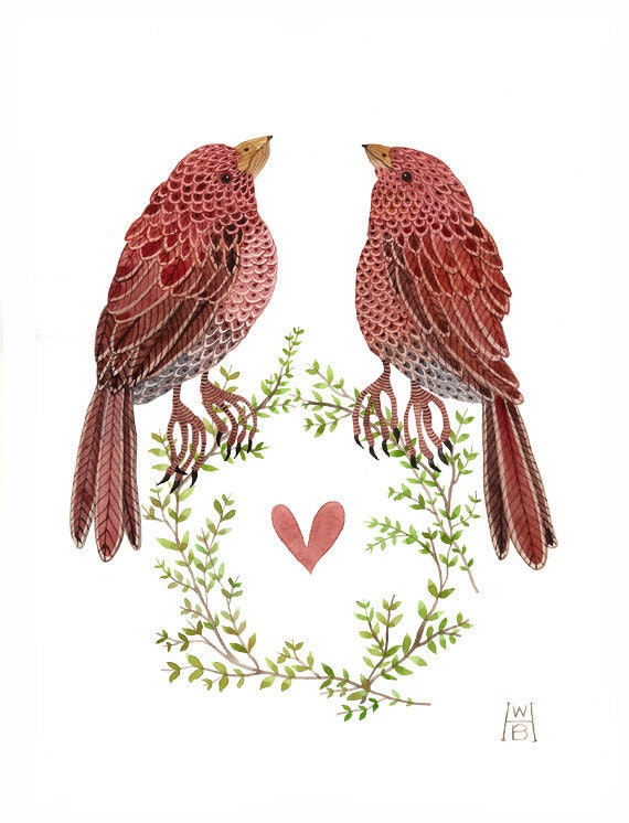 RESERVED Blushing Birds No. 2 original watercolor painting