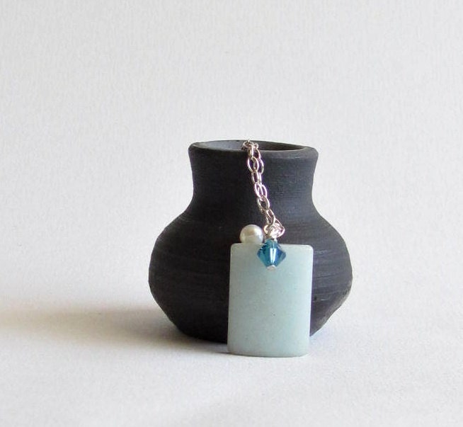 Amazonite Necklace with Pearl and Swarovski Crystal Sterling Silver Winter Fashion