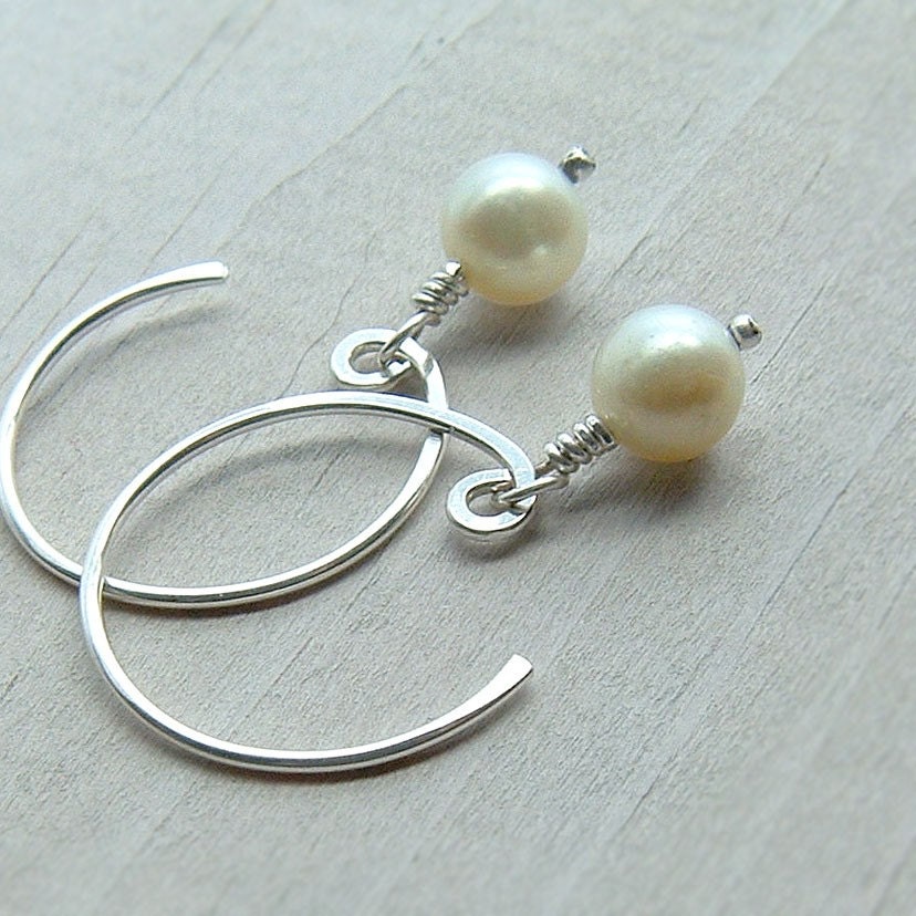 Pearl Hoop Earrings Sterling Silver wedding white jewelry Swarovski Pearl, spring fashion