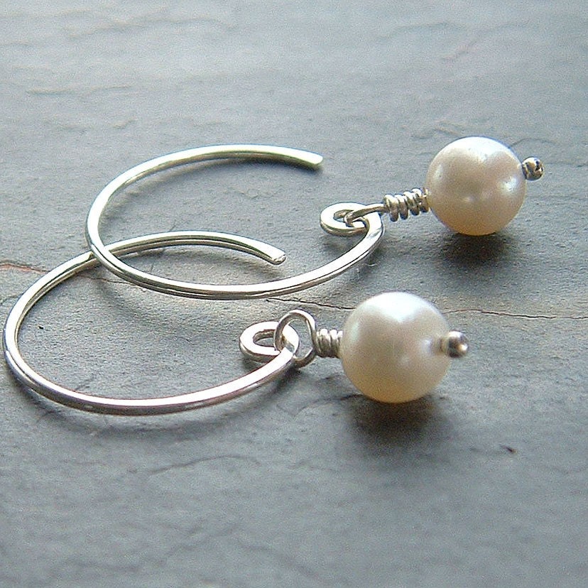 Freshwater Pearl Hoop Earrings Sterling Silver, Affection, summer fashion wedding white jewelry june birthstone