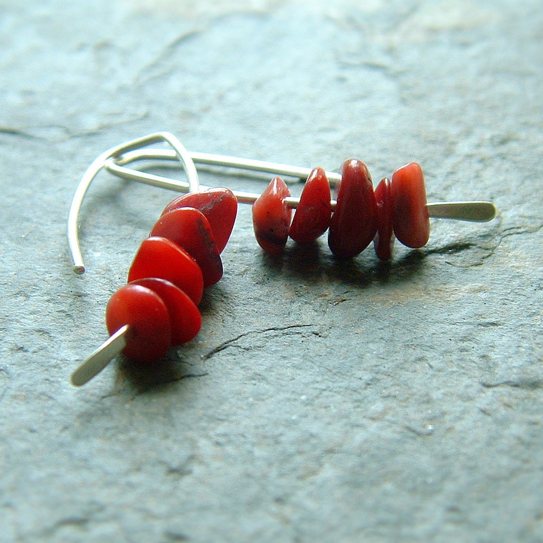 Coral Hoop Earrings Sterling Silver Open Hoops Wishbone spike Earrings winter fashion edgy jewelry