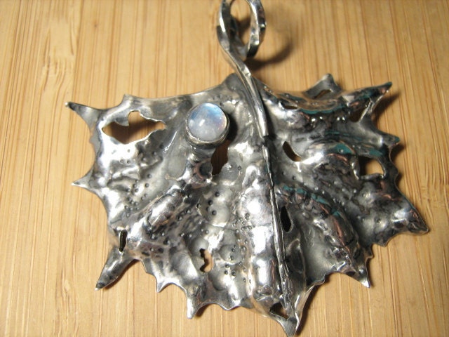 Large Tattered Sycamore Leaf Pendant with Rainbow Moonstone