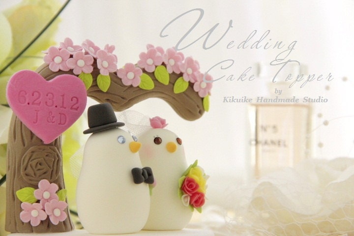 love birds with flower tree bride and groom wedding cake topper