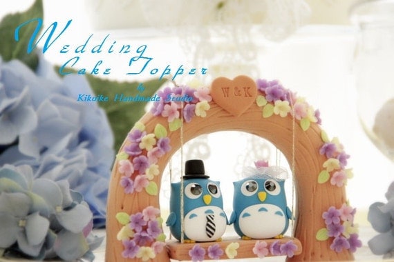 Custom Wedding Cake Topper -Handmade love Owls with love flower tree and a swing