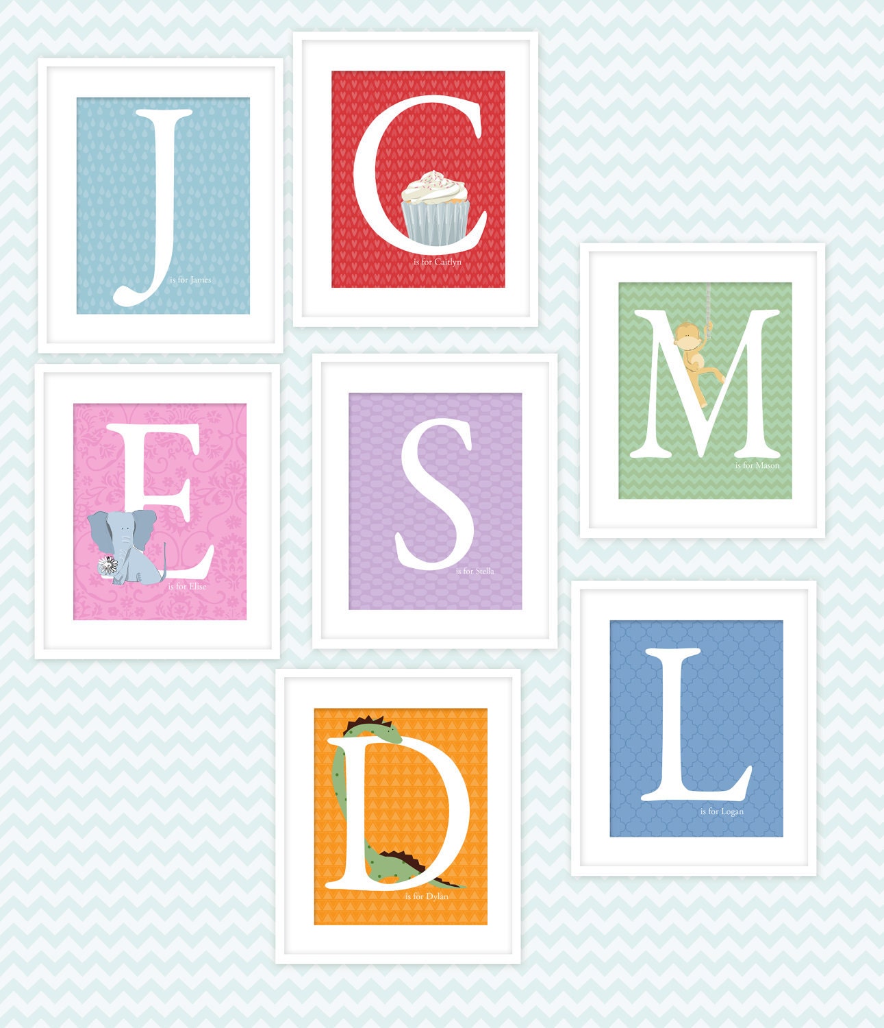 Childrens Wall Decor, Modern Patterns, Wall Art, Custom Letter, Personalized Name 8 x 10 print