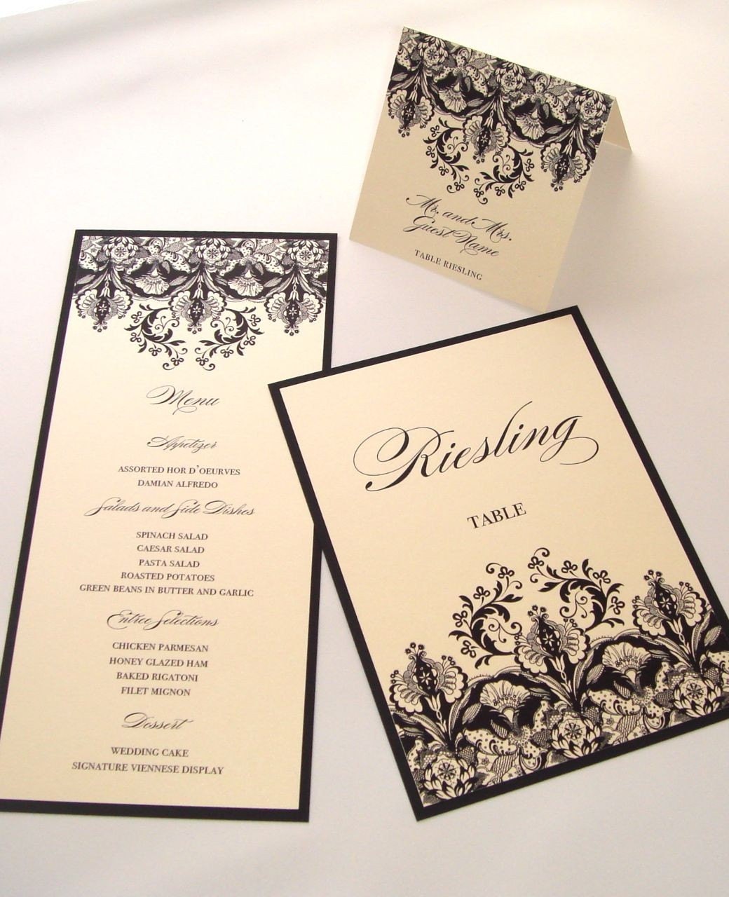 Christina Floral Damask Wedding Reception Items - Menu, Table Number, Program, Place card Sample Set - Ivory, Creme, Black