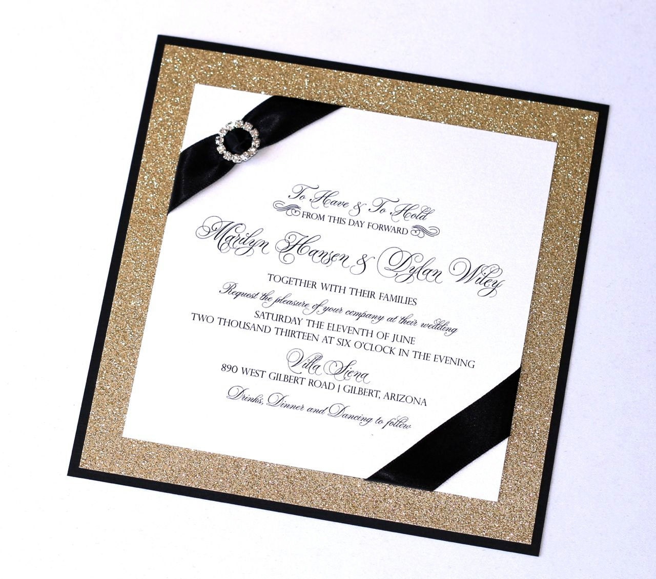 Marilyn Couture Crystal Buckle Invitation Set Sample - Gold Glitter, Black and White