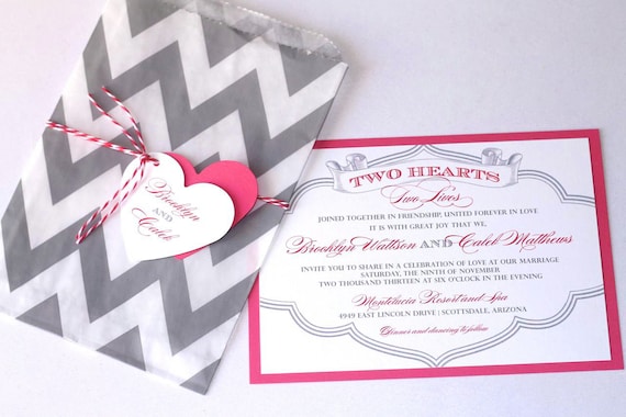 Brooklyn Wedding Invitation Sample - Chevron Design - Pink, Grey and White