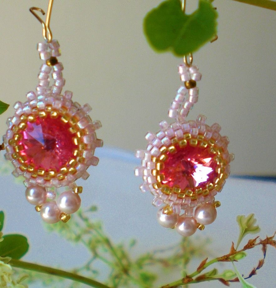 Rivoli Beadwoven Pink Dangle Earrings  Unique Beaded Beadwork Beadweaving Jewelry