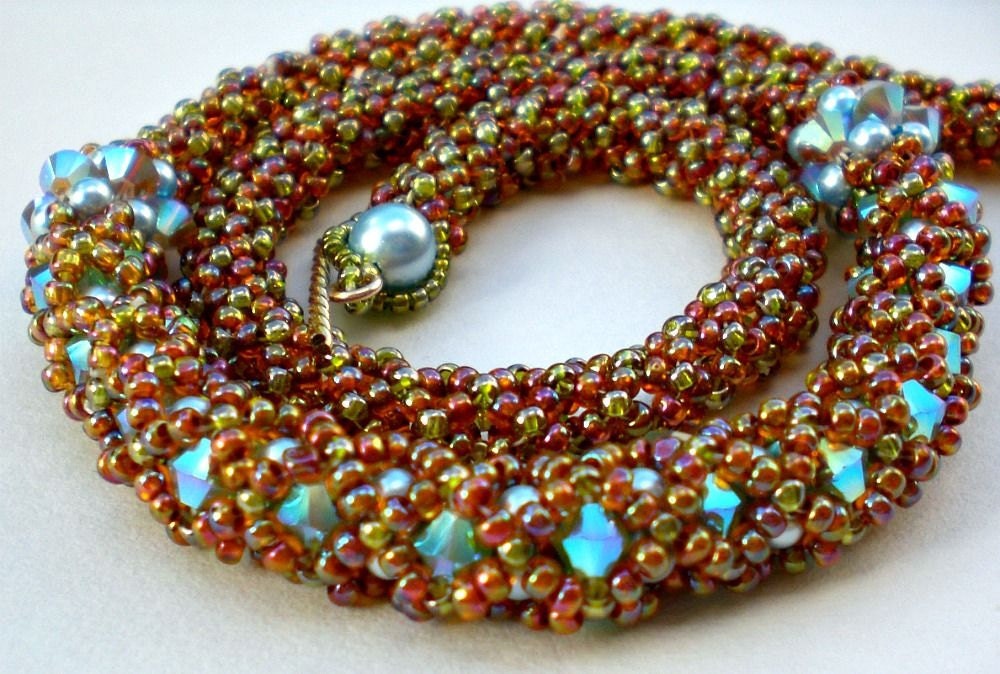 Beadwoven Autumn Colors Necklace Unique Beaded Beadwork Beadweaving  Crystal Jewelry