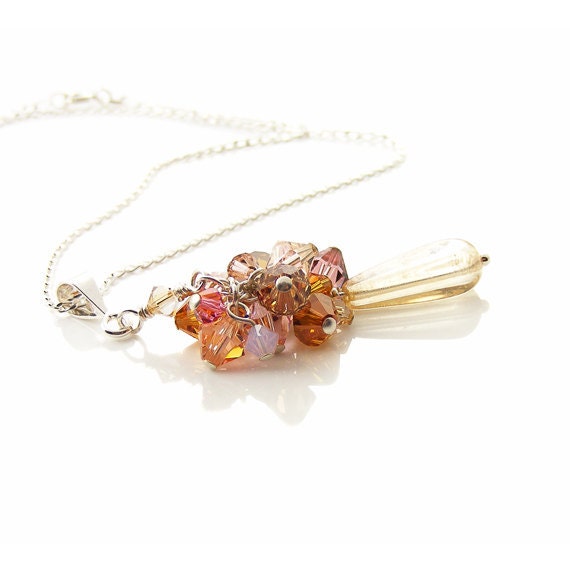 Swarovski Crystal Necklace, Romantic Victorian Style Sterling Silver Pendant, Rose Pink Peach Copper, Handmade Crystal Jewelry