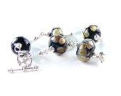 Black Beaded Bracelet, Lampwork Glass & Sterling Silver Bracelet, OOAK Lampwork Bead Bracelet, Black raku, Ice blue