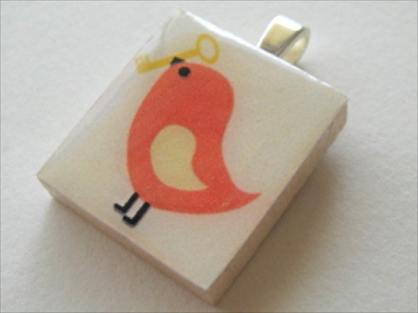 Orange Bird with Key - Scrabble Tile Pendant