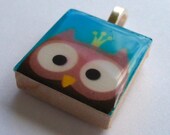 King Owl on Blue - Scrabble Tile Pendant