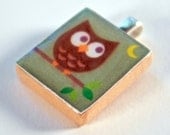 Brown Owl on Green - Scrabble Tile Pendant