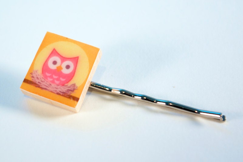 Strawberry Owl Bobby Hair Pin- Upcycled Scrabble Tile