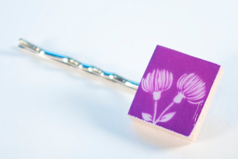 Purple Floral - Scrabble Tile Bobby Pin