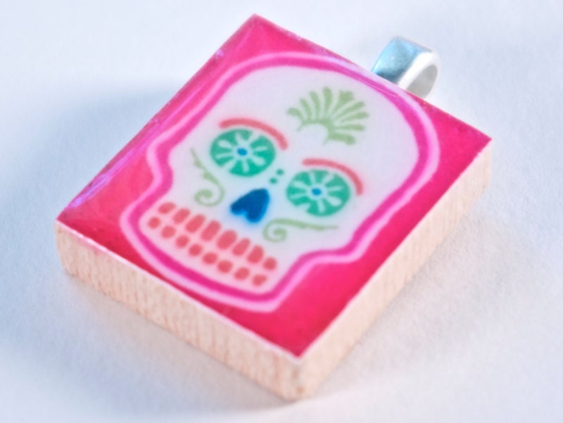 Dia de los Muertos - Day of the Dead Skull on Pink - Scrabble Tile Pendant