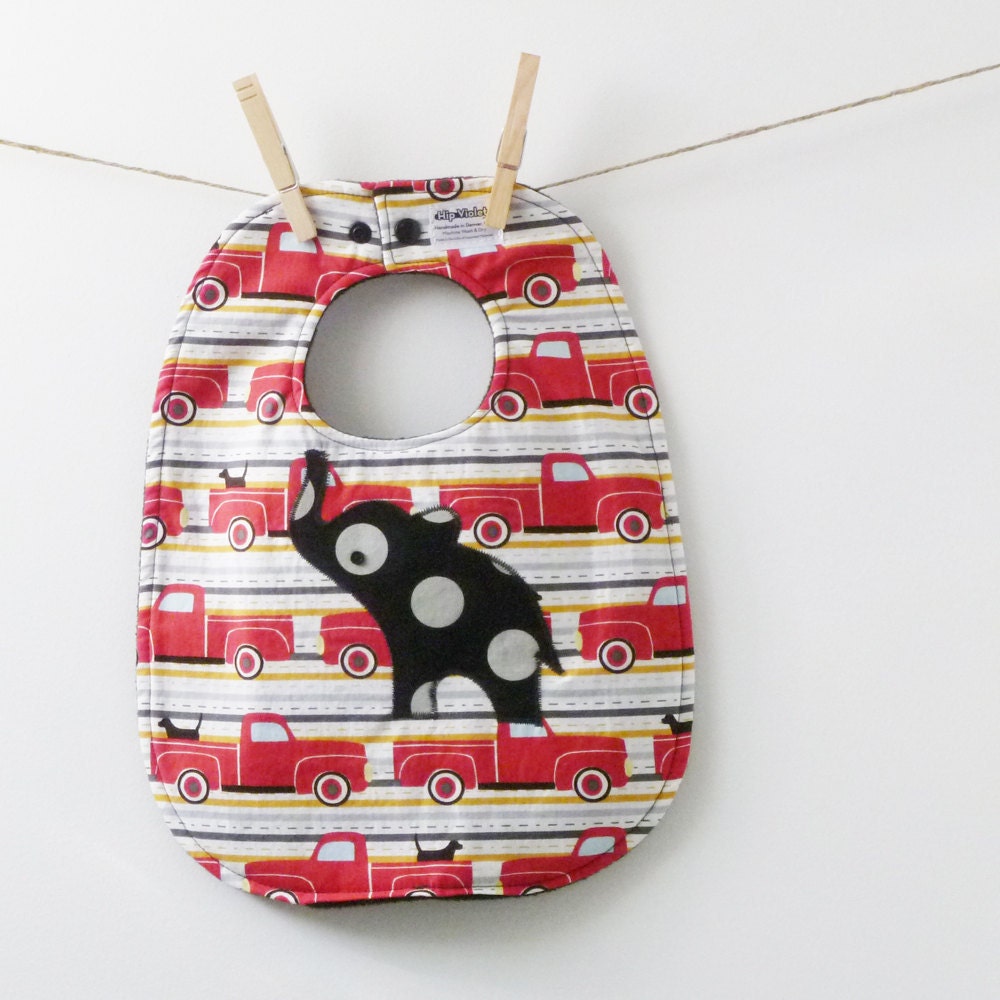 Red Truck Baby Bib with an Elephant - Oversize Bib with Snaps
