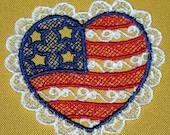 Two Small Patriotic Lace Heart, red, white and blue