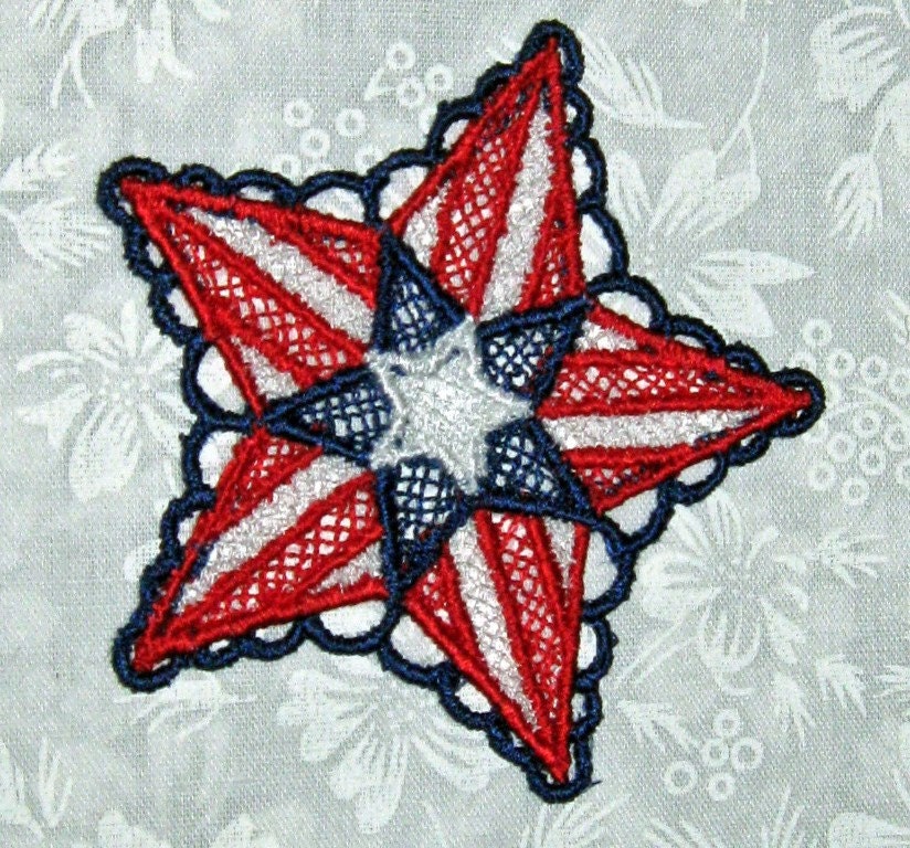 Two Patriotic Stars, Machine embroidered lace, red, white and blue