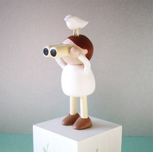 The Bird Watcher - boy and bird polymer clay sculpture