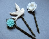 Flower & Sparrow bobby pin trio in teal, and creamy white  brass bobby pins, pastel colors, sparrow bobby pin