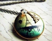 All things Paris- Vintage Eiffel tower photo locket necklace, blue eiffel tower