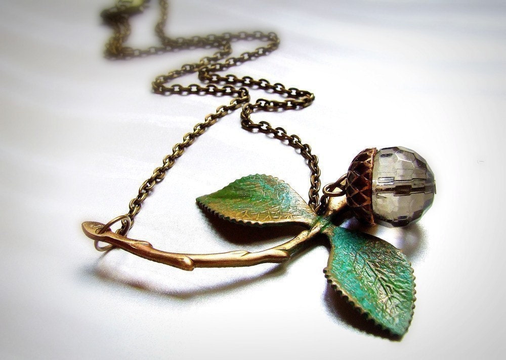 Acorns are Falling- Organic stem and leaf necklace, acorn charm, green vertigris leaves, branch jewelry, asymmetrical