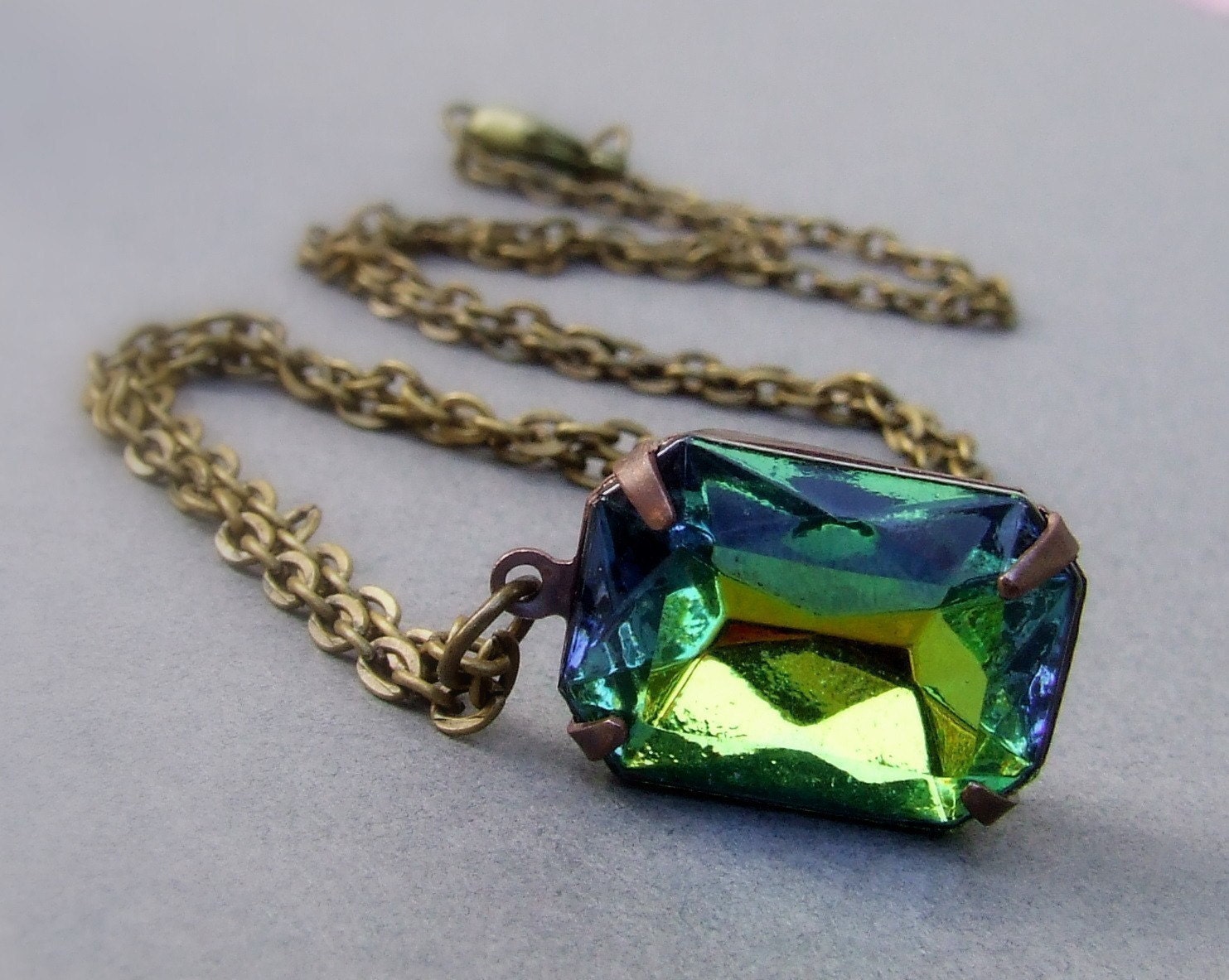Vintage octagon Vitrail  green and blue glass jewel necklace, simple necklace, rectangle jewel, rare vintage jewel