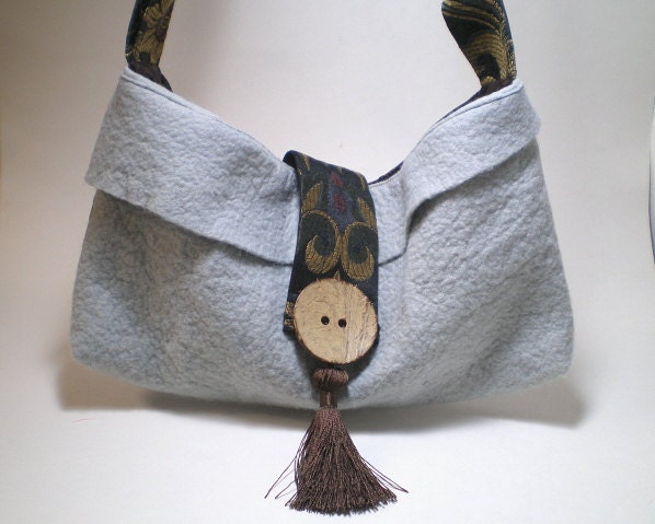 15% COUPON SALE, felted wool, handmade fabric bag, shoulder bag, tapestry, Boho, pale grey, pastel blue, bronze brown