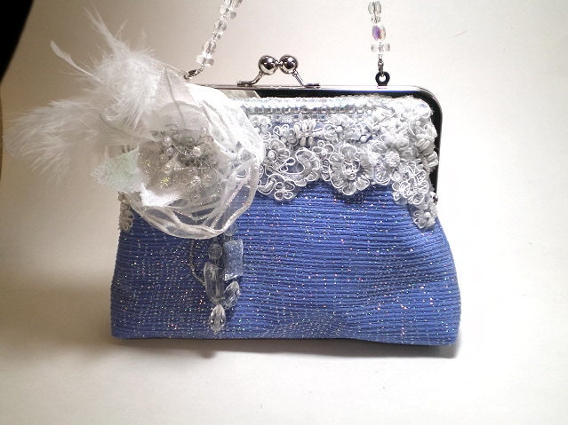 15% COUPON SALE, bridal clutch, purse, icy, blue, formal, couture, something blue, winter wedding, feathers, beaded strap