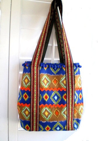 15% COUPON SALE,  fabric bag, book tote, beach bag, purse, tribal, ethnic, ikat, anthropology style, shopper
