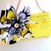 15% COUPON SALE, Vintage, altered couture, framed straw purse, clutch, purse, yellow, chain handle, fabric flower, black and white,