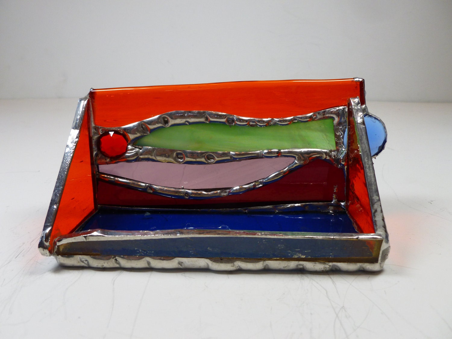 Funky Fun Business Card Holder Stained Glass ooak  Bright Primary Colors Glass Gem jewel