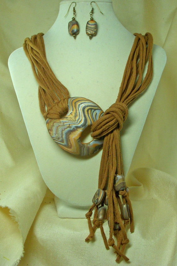 TShirt Necklace with Polymer Clay Clasp and Matching Earrings